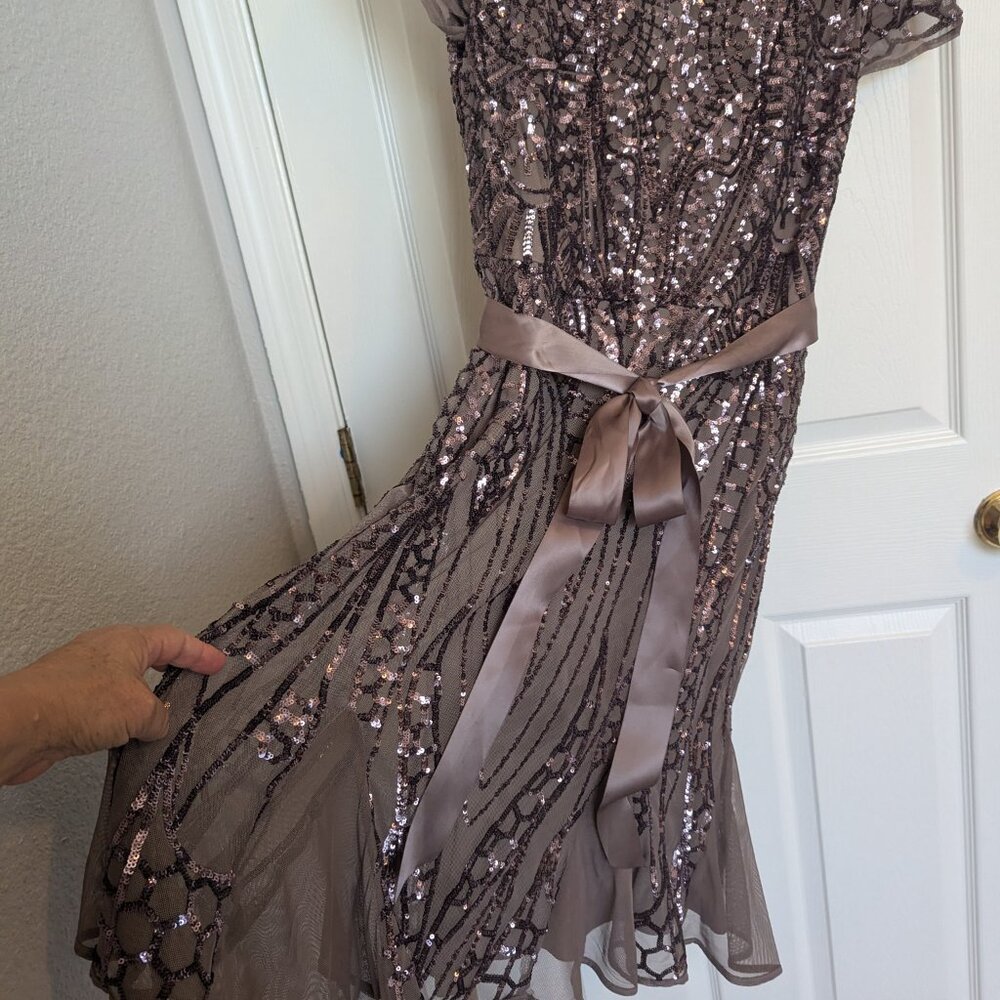 SEQUIN LACE & ILLUSION | Godet A-Line Dress | 12 | WORN 1x | Mauve \ Gatsby 1920 - Picture 5 of 11